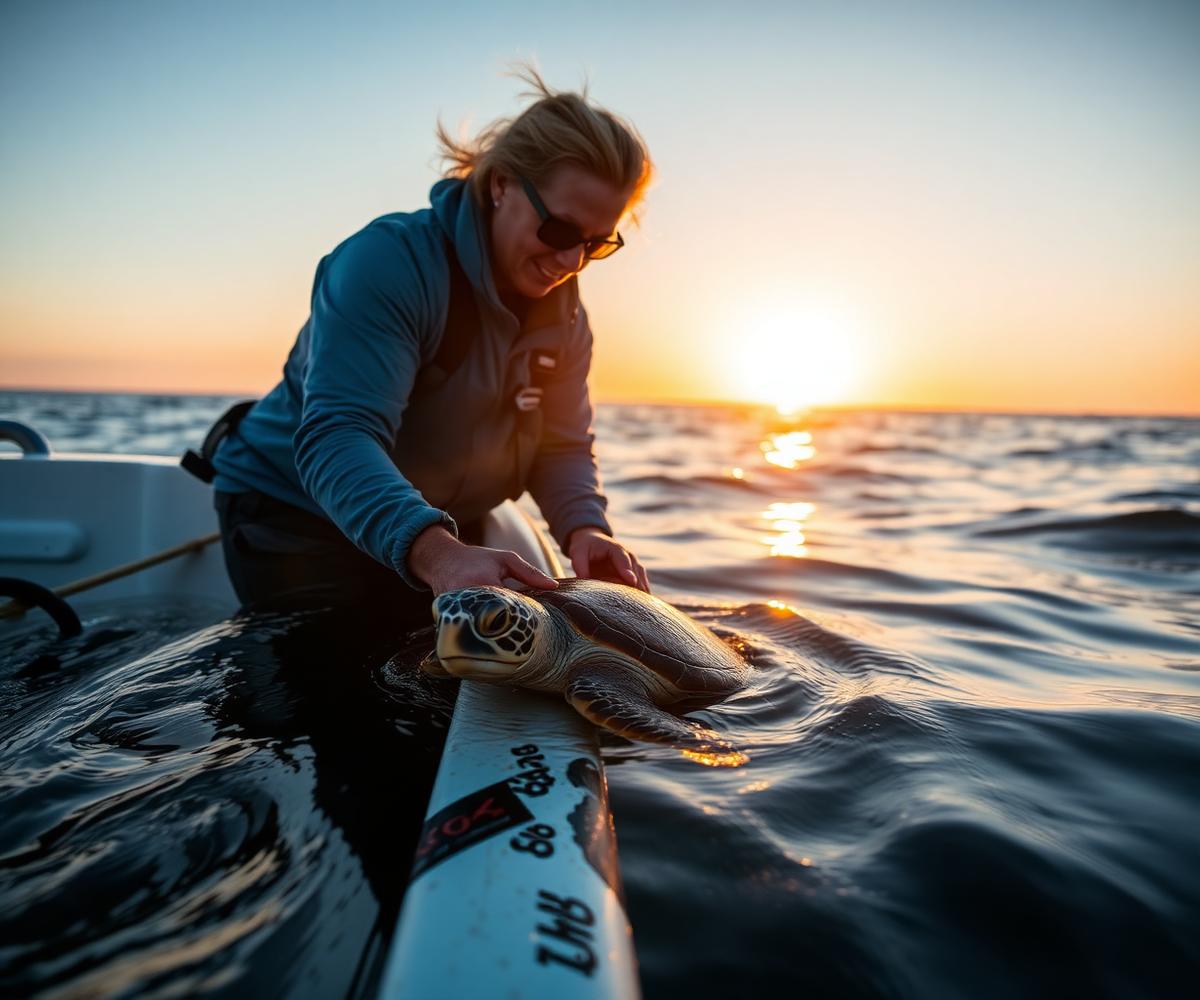 Scientifique qui relâche une tortue balisée